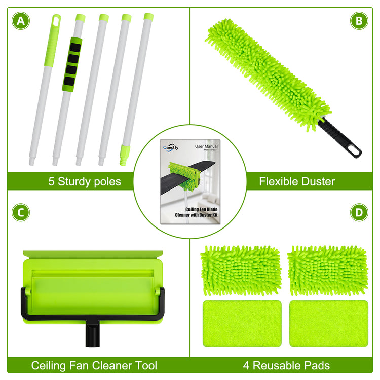 Ceiling Fan Cleaner Duster with 75'' Extension Pole, Flexible Fan Duster for Ceiling Fan Blades, Reusable Cleaning Tool for High Ceiling Fan, Skinny Duster for Tight Spaces