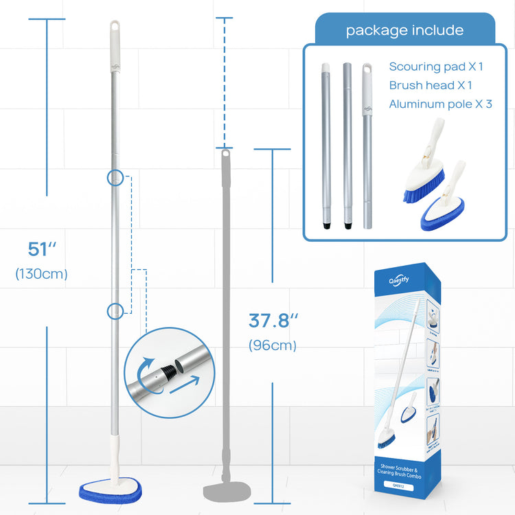 Qaestfy Shower Scrubber Cleaning Brush Combo Bath Tub Tile Cleaner Scrubber Brush with 51'' Adjustable Long Handle Scrub Brush for Bathroom Shower Bathtub Wall Mop Cleaning Scrubbing