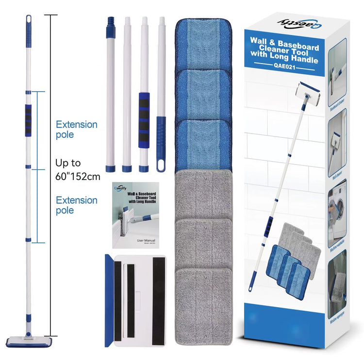 Qaestfy Baseboard Cleaner Tool with Handle, Wall Floor Mop with Extendable Long Handle Duster for Cleaning Window, Floor, Skirting Board, Ceiling, Shower, Tub Tile, Kitchen with 6 Reusable Pads