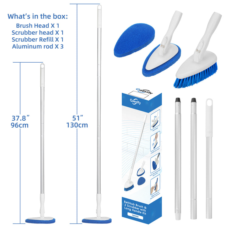 Qaestfy Shower Bathtub Tub and Tile Scrubber Brush with 51'' Adjustable Long Handle Cleaning Brushes Lock in Place Scrub Brush Head for Bathroom Wall Floor Scrubbing Model QAE008