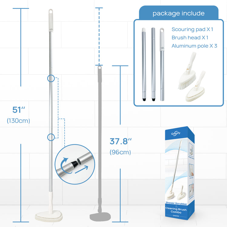 Qaestfy Shower Scrubber Cleaning Brush Combo Tub and Tile Scrubber Cleaner Scrub Brush with 51'' Long Handle Bathroom Bathtub Wall Mop Scrubber Cleaning Brush for Shower Cleaning Tools Model QAE002